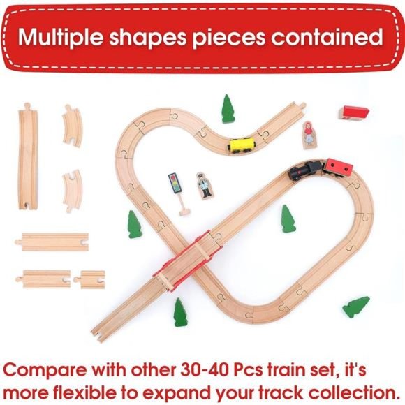 Wooden Train Set for Toddler - 39 Pcs- with Wooden Tracks fits Thomas, fits Brio - Picture 5 of 7